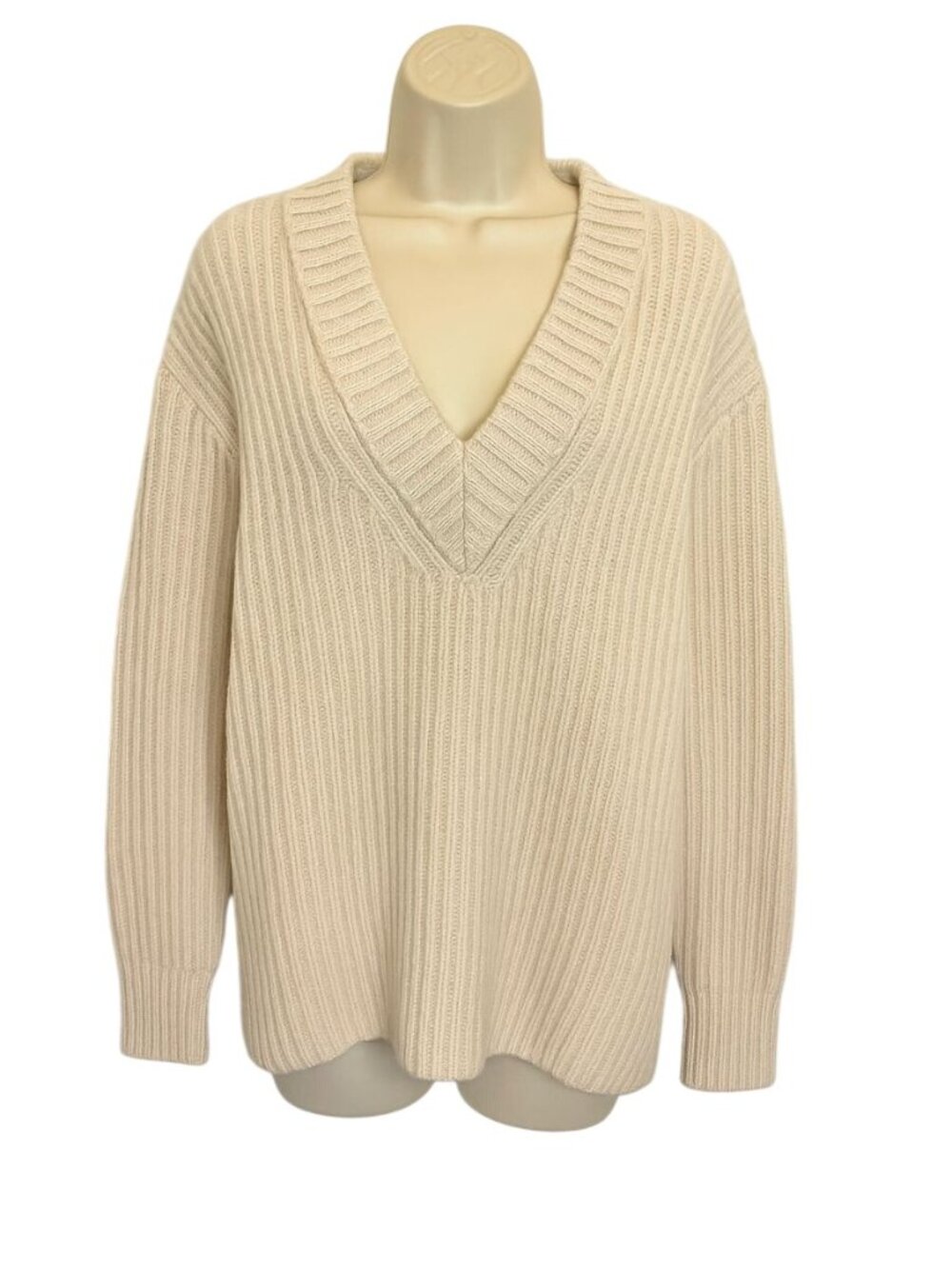 Acne Studios 100% Wool Ribbed V-Neck Sweater Beige Knit - Size XS - Picture 2 of 7